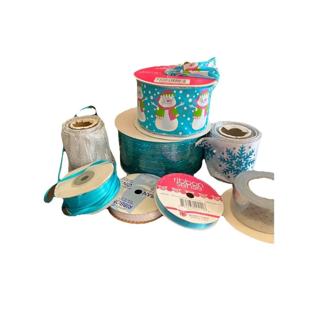 Lot of 8 Blue & Silver Decorative Holiday Ribbons Snowman Glitter Foil Wired VTG